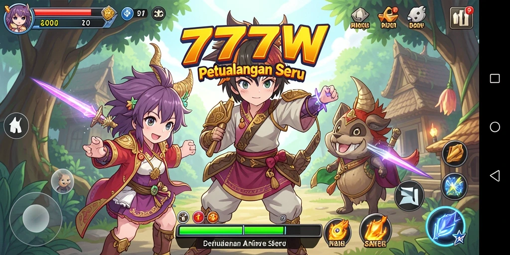 Screenshot utama 7777W menampilkan aksi karakter Anime yang mendebarkan.